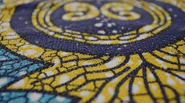 Closeup of vibrant African fabric with intricate patterns and textures.