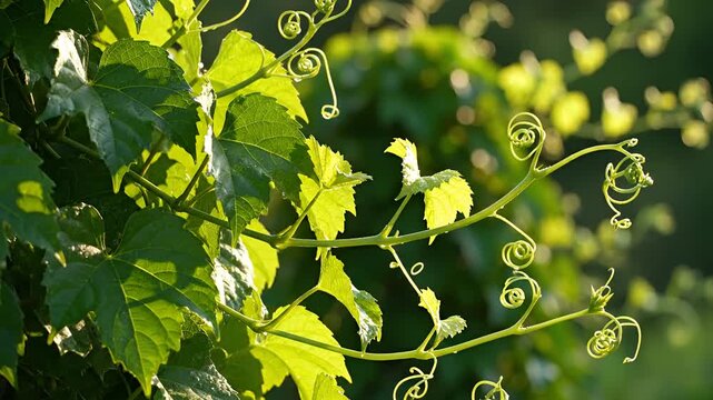 Closeup of vibrant green grape vine tendrils and leaves bathed in sunlight.