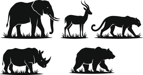 African, wildlife, silhouettes, set, including, elephant, rhino, leopard, gazelle, and, bear, icons, isolated, on, white, background, for, nature, design, projects. © Mdjoshel 