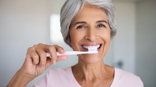 Smiling mature woman brushing teeth with pink toothbrush at home. Senior dental care, healthy smile and personal hygiene routine concept in bright modern bathroom