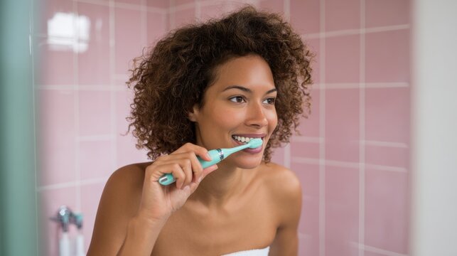 Young woman brushing teeth with electric toothbrush in pink bathroom interior. Daily oral hygiene, dental care and healthy lifestyle concept with fresh smile and morning routine