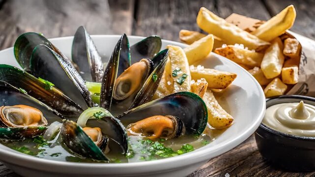 Delicious Mussels and Fries Served with Creamy Sauce on Wooden Table.