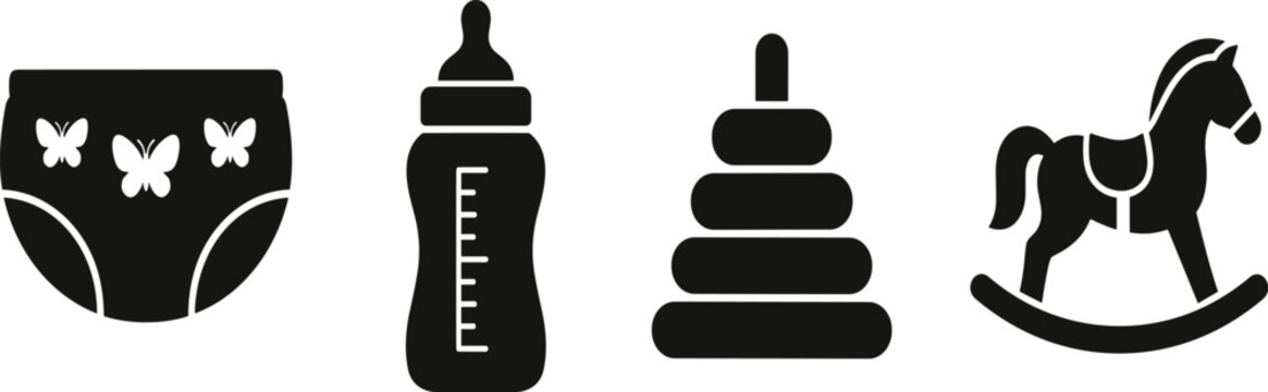 Baby, care, and, toy, icons, set, featuring, diaper, bottle, stacking, rings, and, rocking, horse, isolated, on, white, background, for, nursery.