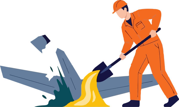Construction worker shoveling debris at work site.