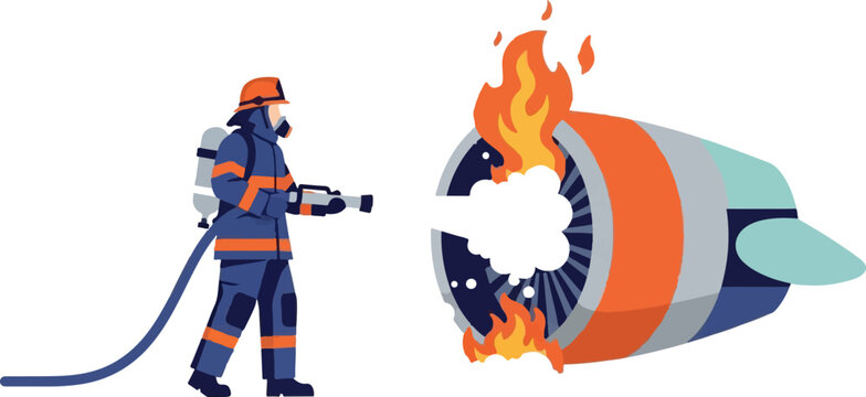 Firefighter extinguishing burning jet engine flames quickly.