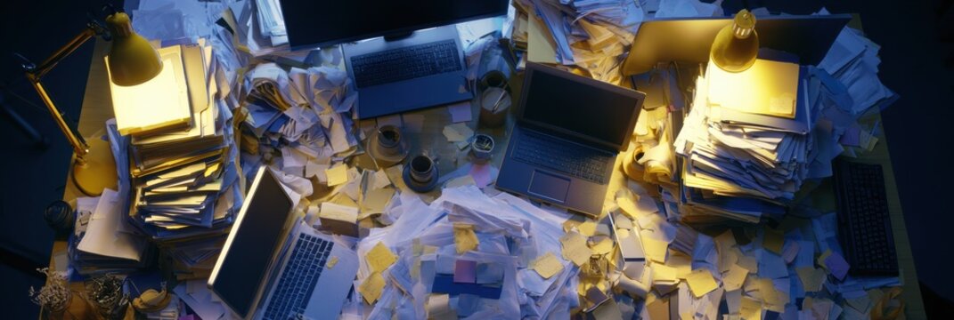 A cluttered workspace with stacks of folders, multiple screens, and scattered notes can overwhelm and lead to burnout.