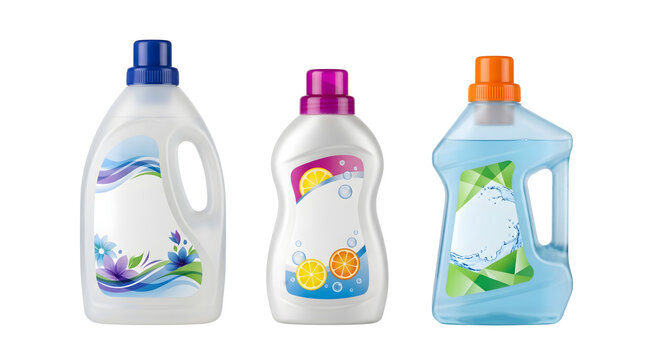 Set of plastic detergent bottles with blank labels isolated on transparent background