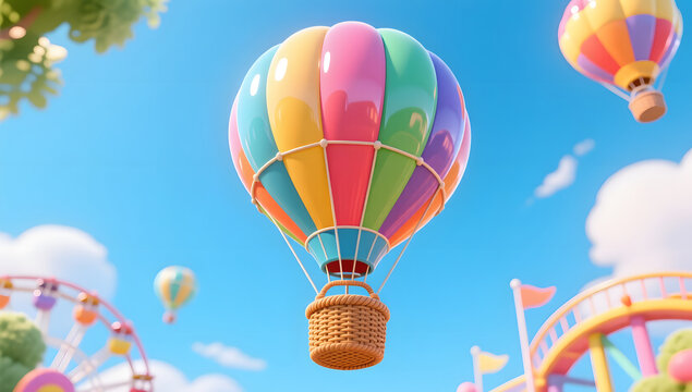 3D stereoscopic illustration of colorful hot air balloons floating over an amusement park for Children's Day