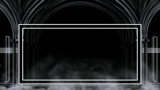 Black and silver gothic gaming overlay with cathedral arches, neon frame and smoke, dark luxury stream screen template for Twitch, YouTube, esports, webcam border and futuristic broadcast design