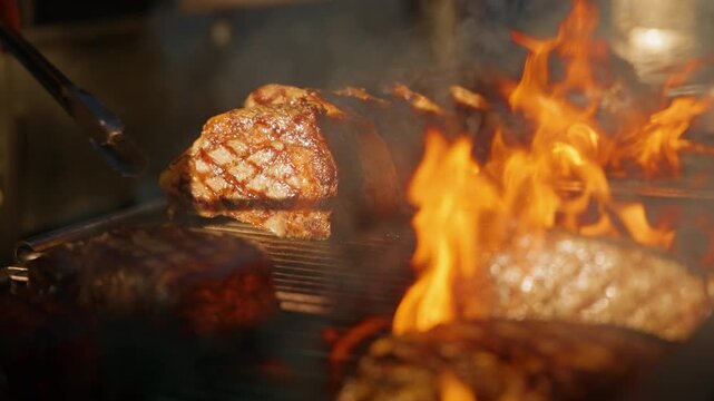 Premium steaks being prepared in super expensive restaurant as chef uses metal tongs to flip thick cuts on flaming grill. Slow motion footage captures dramatic fire and smoke in professional kitchen.