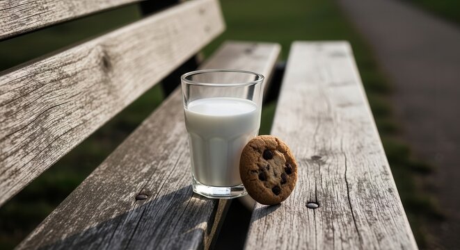 Glass of milk and chocolate chip cookie on a wooden park bench outdoors.