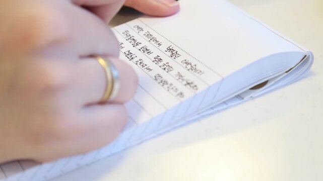 실내 책상 수첩 메모 손글씨 작성 인물 손 자재: 반지를 낀 사용자가 줄수첩 노트 위에 펜으로 한글 문장을 정성스럽게 적어 내려가는 모습을 포착한 클로즈업 영상입니다. 필기하는 손과 글씨를 담았으며, 시나리오 작가 에세이 집필, 일기 기록, 스토리텔링 기획, 아이디어 메모, 프리랜서 재택근무 및 일상 라이프스타일 콘셉트의 실감 나는 인서트 숏을 상징합니다.