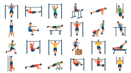 Fototapeta premium Diverse group of athletic men performing various bodyweight exercises on gym equipment, showcasing strength training and fitness routines