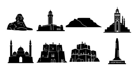 Fototapeta premium Iconic Landmark Silhouettes Collection, Global Cityscape Vector Icons, Famous Architecture Symbols, Travel Destination Graphics, Monumental Buildings Set