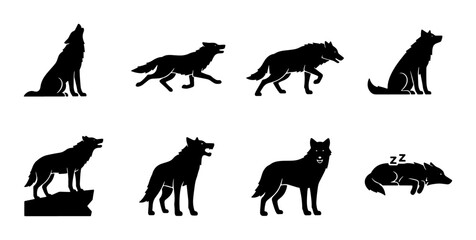Fototapeta premium Wolf Silhouettes Vector Pack: Howling, Running, Standing, Sleeping Animal Icons for Wildlife and Nature Designs
