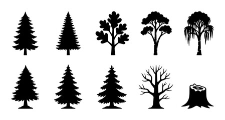 Diverse Tree Silhouettes Collection, 10 Vector Icons for Nature Graphics, Forest Elements, Woodland Scenes, and Seasonal Designs © Karim