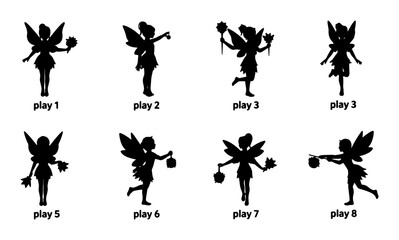 Fototapeta premium Set of 8 Black Silhouette Fairies, Magical Fantasy Characters, Whimsical Flying Sprites, Playful Poses, Vector Graphics for Children's Designs