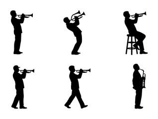 Musician Silhouettes: Trumpet and Saxophone Players in Dynamic Poses, Vector Set for Music Performance and Jazz Concepts © Karim
