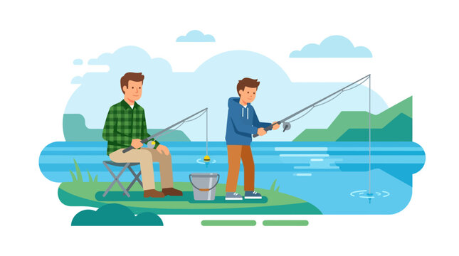 Flat vector illustration depicting a father in a plaid shirt sitting on a folding stool and his teenage son in a blue hoodie standing while fishing on a lake shore with mountains.
