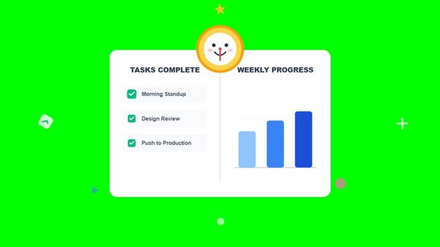 Animated Task Completion and Weekly Progress Chart on Green Screen.