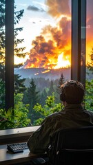 Fototapeta premium Person watches wildfire from inside a building.