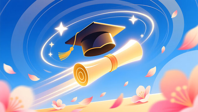Graduation season academic cap and scroll future hope background