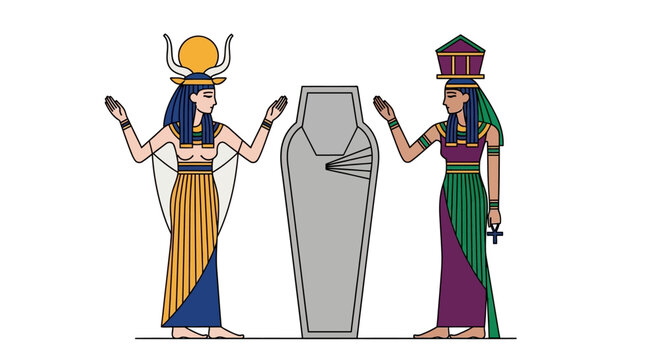 Ancient Egyptian Gods Isis and Nephthys Mourning Osiris in Coffin