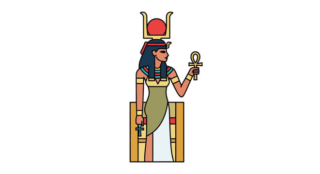 Ancient Egyptian Goddess Isis holding Ankh and Scepter, Vector Illustration