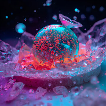 Abstract futuristic sphere with glowing red bubbles surrounded by crystal splashes