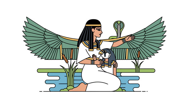 Ancient Egyptian Goddess Isis with Wings Holding Horus Falcon, Nile River Scene