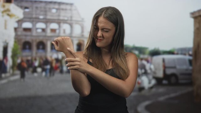 Woman rubs wrist and winces on street near the colosseum while tourists pass by; discomfort travel tourism.