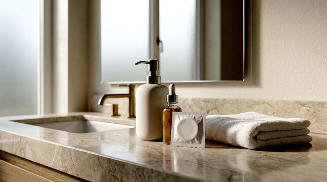 White condom wrapper on a luxury marble bathroom vanity counter next to a soap dispenser and a towel for sexual health, morning hygiene routine, and wellness advertising.