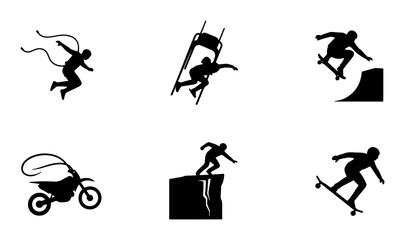 Extreme Sports Icons Set: Skateboarder, Snowboarder, Motocross Rider, Cliff Diver, Rope Swing Action Silhouettes © Nusrat