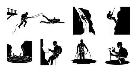 Extreme Sports Icons Set: Bungee Jumping, Canyoning, Rock Climbing, Abseiling, Adventure Activities, Vector Silhouettes for Outdoor Recreation and Thrill Seekers © Nusrat