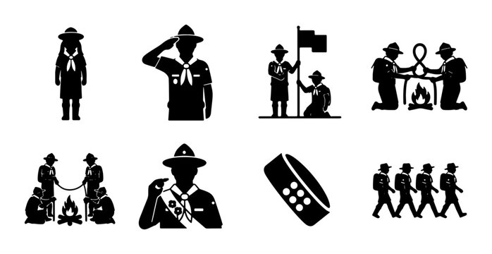Scout Icons Set, Outdoor Adventure Symbols, Camping & Teamwork Vector Graphics, Youth Group Activities, Scouting Movement Illustrations
