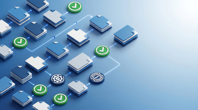 Isometric Document Approval Workflow with Checkmark Icons on Blue Gradient Background