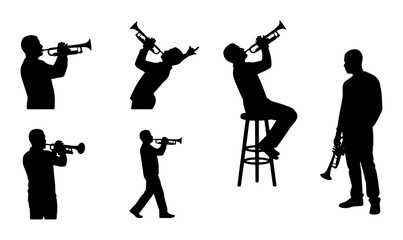 Jazz Trumpet Player Silhouettes, Musical Performance Icons, Brass Instrument Musicians, Set of 6 Vector Graphics for Music Events and Entertainment Concepts © Farzana