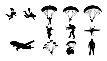 Parachuting Icons Set, Skydiving Silhouettes Collection, Extreme Sports Vector Graphics, Aerial Adventure Elements, Freefall Action Poses © Farzana