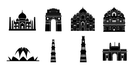 Naklejka premium Indian Landmarks Silhouette Collection, Iconic Architecture Vector Icons, Taj Mahal, India Gate, Hawa Mahal, Qutub Minar, Lotus Temple, Travel Destination Symbols, Black and White Design Elements