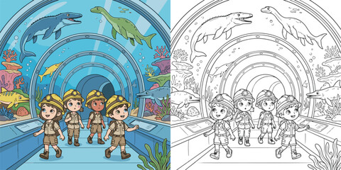  children visiting dinosaur world theme park cartoon clipart and lineart print vector illustration for color coloring book © Avijit