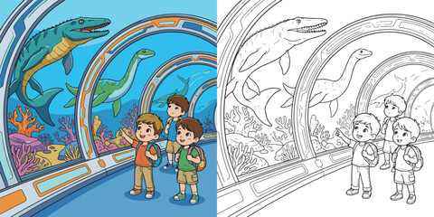  children visiting dinosaur world theme park cartoon clipart and lineart print vector illustration for color coloring book © Avijit