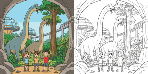  children visiting dinosaur world theme park cartoon clipart and lineart print vector illustration for color coloring book © Avijit