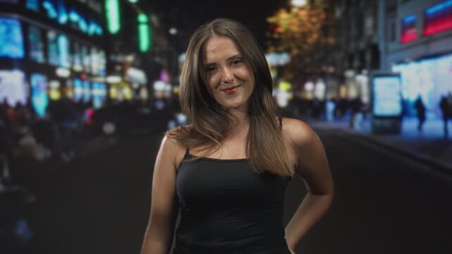 Woman showing call hand gesture with one hand on hip on city street at night under neon lights; playful confidence.