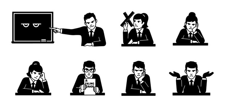 Business Icons Set: Diverse Employee Emotions, Teacher, Student, Skepticism, Confusion, Boredom, and Suspicion