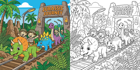  children visiting dinosaur world theme park cartoon clipart and lineart print vector illustration for color coloring book © Avijit