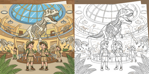  children visiting dinosaur world theme park cartoon clipart and lineart print vector illustration for color coloring book © Avijit