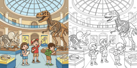 children visiting dinosaur world theme park cartoon clipart and lineart print vector illustration for color coloring book © Avijit