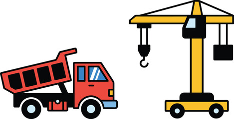 Construction vehicles vector set featuring a red dump truck and a yellow tower crane in image_1ac1ec.png © MstParvin
