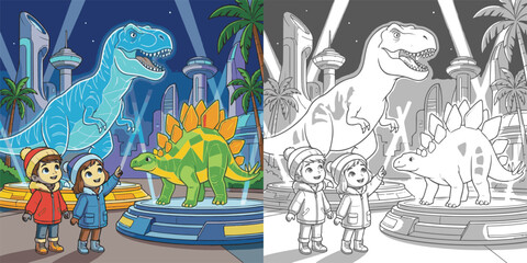  children visiting dinosaur world theme park cartoon clipart and lineart print vector illustration for color coloring book © Avijit