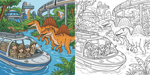  children visiting dinosaur world theme park cartoon clipart and lineart print vector illustration for color coloring book © Avijit